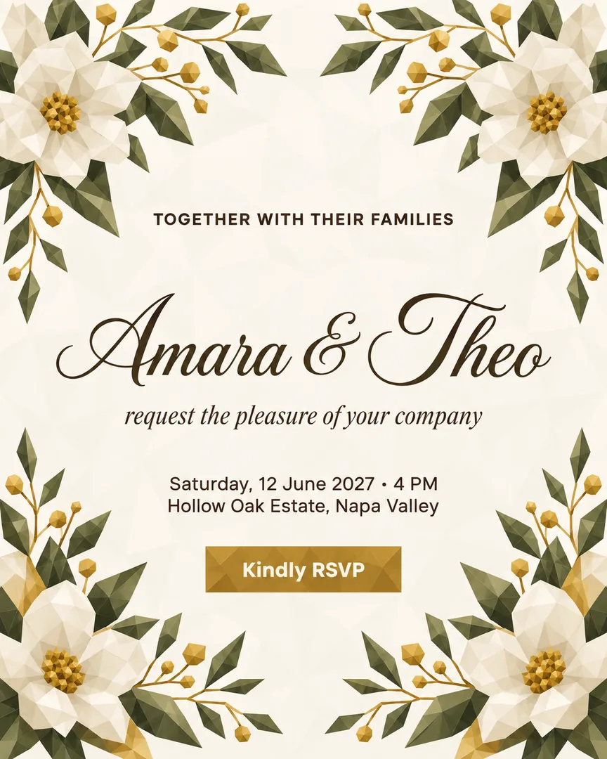 Low poly Wedding Invitation poster showing Hand-painted floral corners framing the page with the headline Amara & Theo.