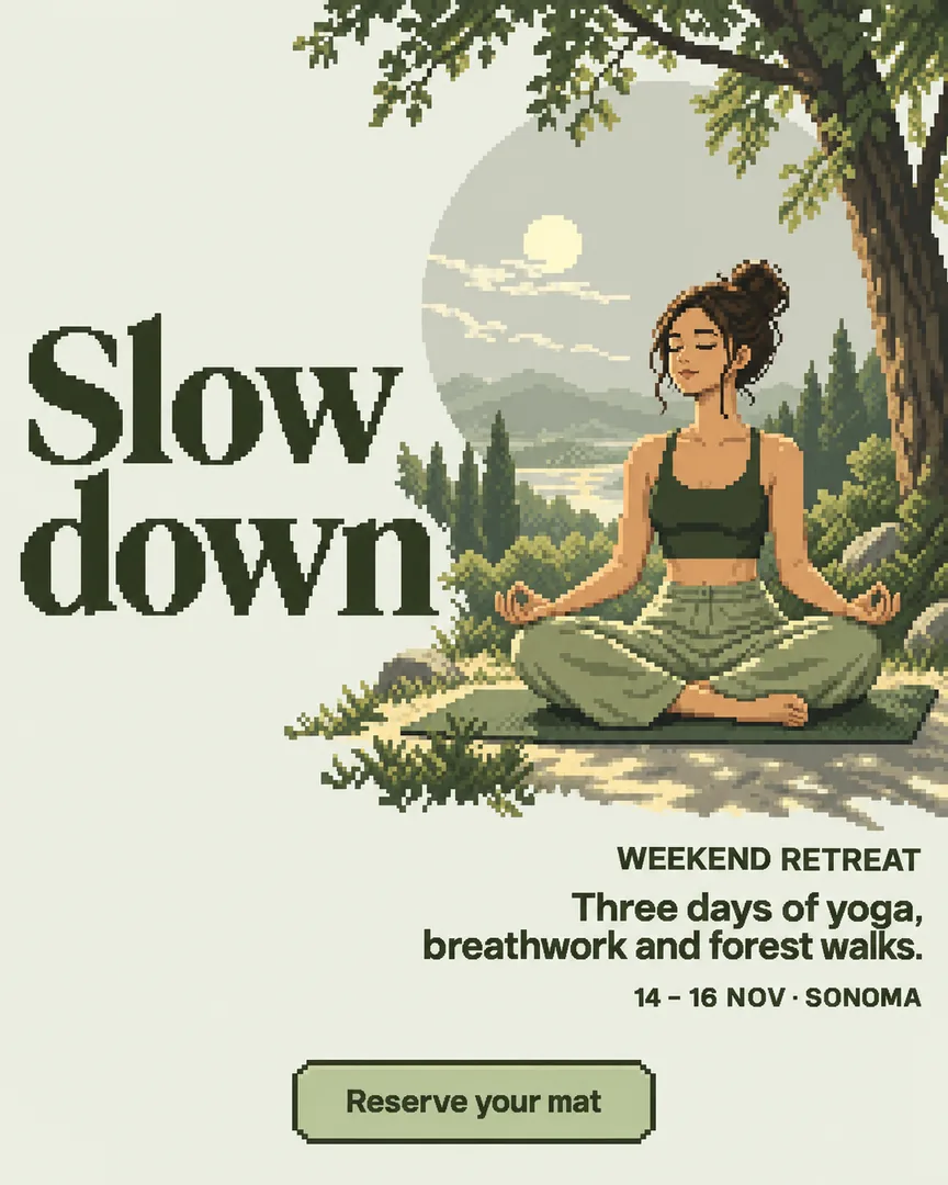 Pixel art Yoga Retreat poster showing Person meditating cross-legged on a mat in soft morning light among trees with the headline Slow down.